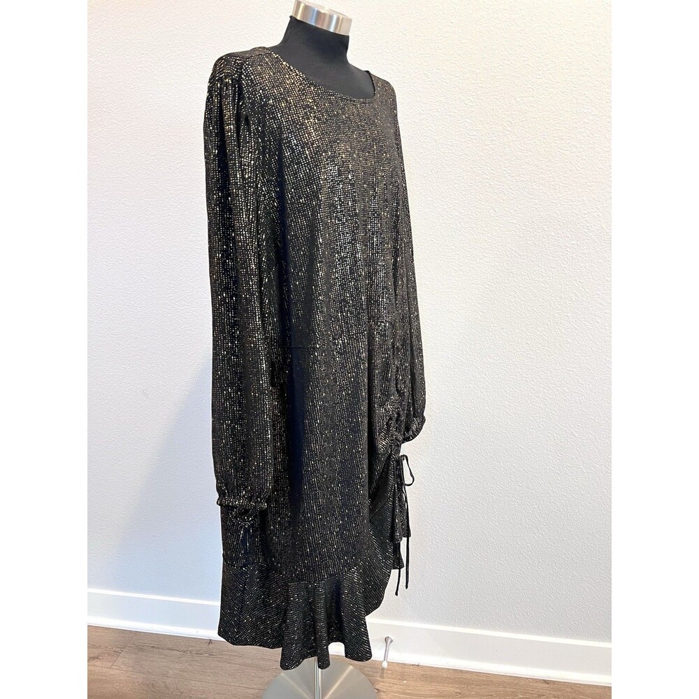 TORRID 5X(28) Black Gold Fit & Flare Mini Studio Knit Ruched Dress Crew Neck - Picture 10 of 16